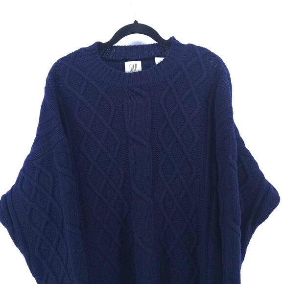 GAP Y2K Navy Shetland's Wool Cable Knit Pullover Sweater Crewneck Ribbed Hems L - Picture 2 of 13